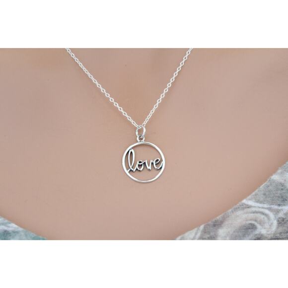 Sterling Silver Word Charm - Love in Cursive Script Necklace